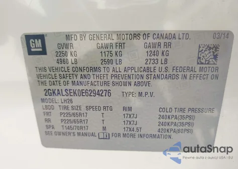 2014 GMC Terrain Slt-1 z USA, uszkodzony, nr VIN 2GKALSEK0E6294276